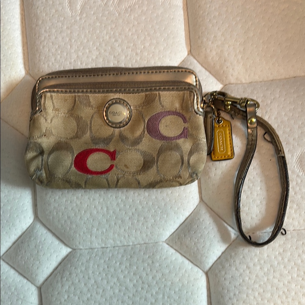 Coach Tan and Red Clutch Wristlet